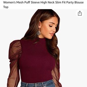 Women’s mesh puff sleeve high neck slim fit top